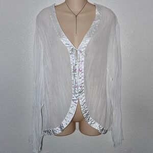 Kaelyn Max II White Sheer Crinkle Gauze Sequin Satin Trim Tie Front Cardigan
